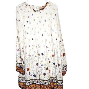 Hem & Thread‎ Womens Boho Smocked Mini Dress Medium Floral White Butterflies
